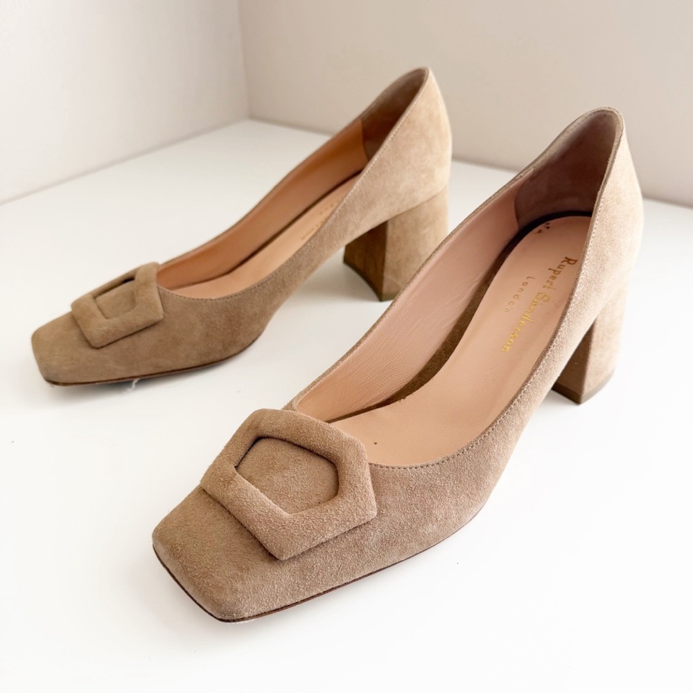 Rupert Sanderson Naxos Tan Suede Block Heels size 9